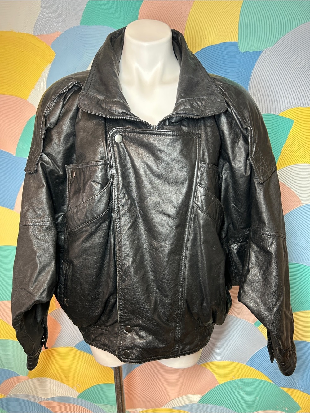Black Genuine Leather Bomber Jacket - Classic Men's Outerwear sz L